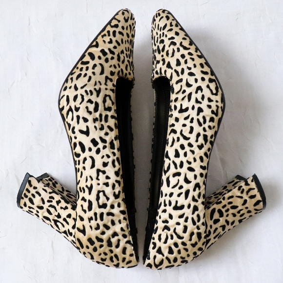 Shoes - Light yellow & black leopard print round toes fabric heels
